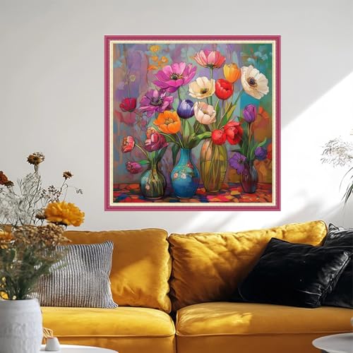 Image of Fanxvivy Stamped Cross Stitch Kits for Beginners Full Range of Cross Stitching Preprinted Embroidery Kits for Adults, 11CT Embroidery Pattern Needlepoint Kits-Colorful Flowers Corner wall 18x18 inch