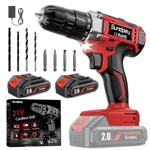 Sundpey 45Nm Taladro Atornillador Bateria con 2x2.0Ah para Hogar Bricolaje