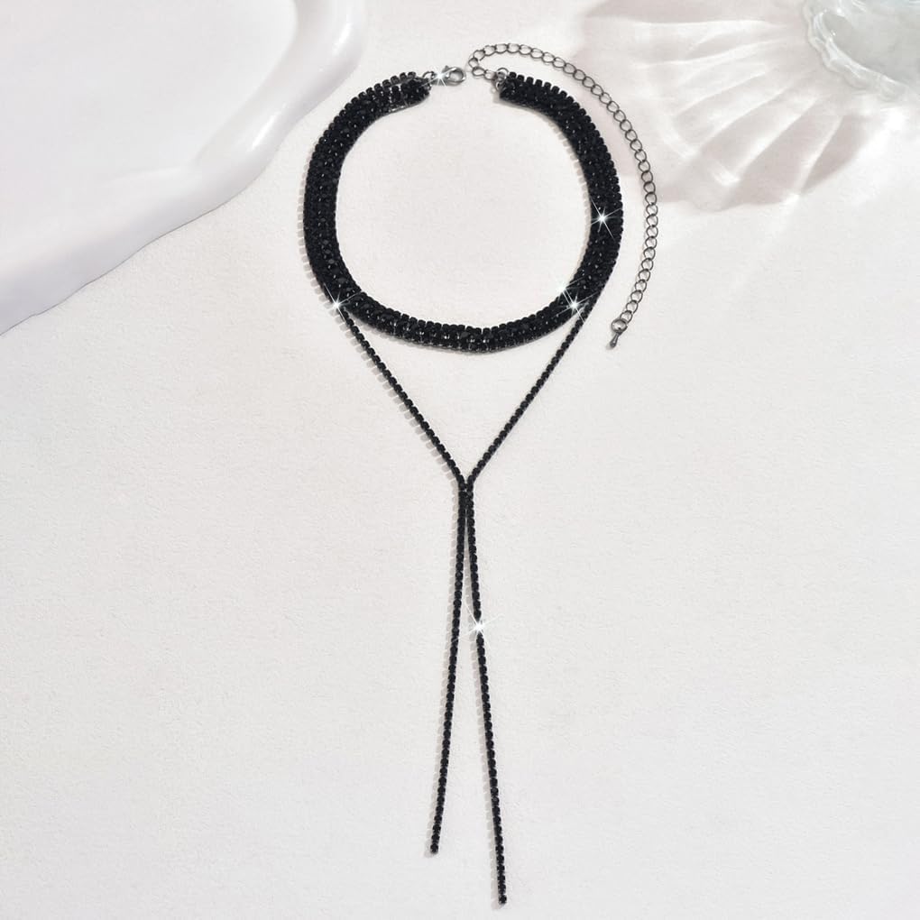 Silver Rhinestone Necklace for Women Layered Black Cubic Zirconia Choker Necklaces Set Sparkly Long Y Lariat Necklaces Trendy Prom Party Jewelry Gifts - Image 7