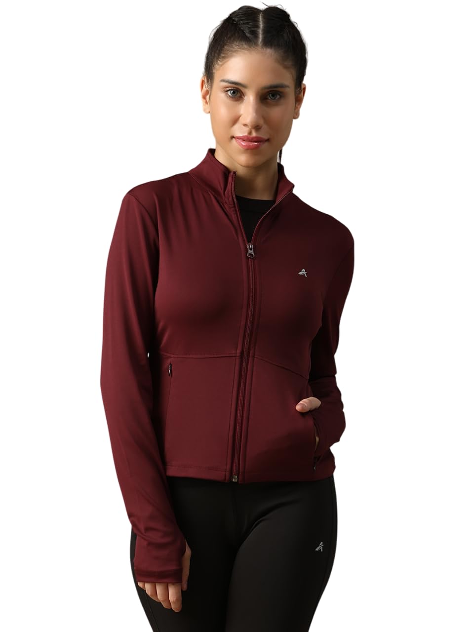 Women’s Training Jacket with Thumbhole Sleeves & MockCollar |Full Zip, Quick-Dry, Stretchable, Lightweight Activewear for Gym,Yoga & Sports (in, Alpha, 2XL, Regular, Maroon)