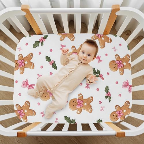 Image of Caikeny Fitted Crib Sheet for Boys Girls Gingerbread Man Pattern with Pink Bows and Holly Leaves Baby Crib Sheets Bassinet Sheets Crib Mattress Bed Sheets for Toddler Newborn Infant 52 X 28 in