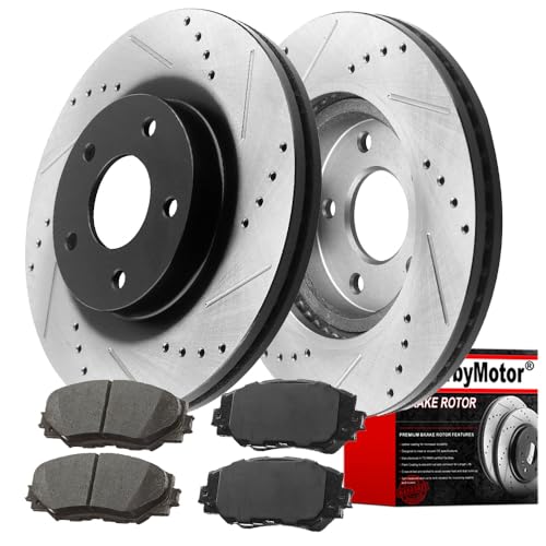 Image of MotorbyMotor Front Brake Pads and Rotors kit fits for Scion XB, Toyota Rav4 Prius, Lexus HS250H 275mm Drilled & Slotted Disc Brake Rotor & Ceramic Brake Pad 31440