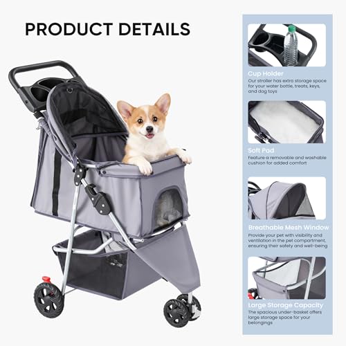 Image of NEWBULIG 3 Wheel Pet Stroller for Dogs and Cats, Foldable, Lightweight and Durable, Ideal for Small to Medium Pets, Includes Storage Basket and Cup Holders