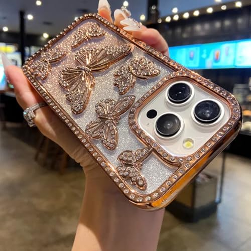 Coque iPhone 14 paillettes papillon or protection arrière transparente luxe