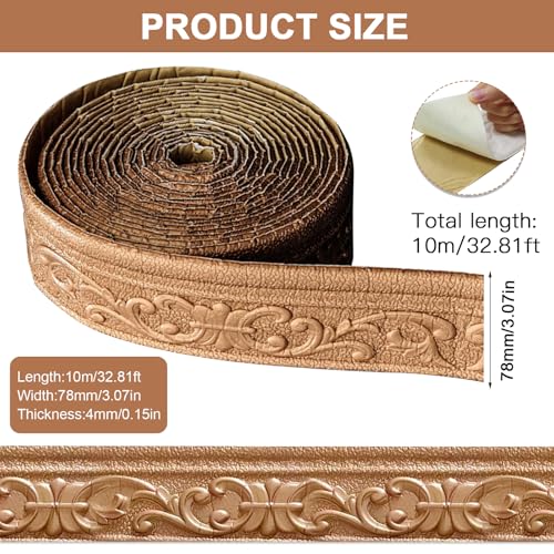 Bordüre Selbstklebend - 10m x 8cm x 5mm - 3D Stuckleisten Wand, Zierleisten Selbstklebend, Wasserdicht Wandbordüre, Leisten Selbstklebende, Roll Border Trims für Ecken Linien Decken Dekoration, Kupfer