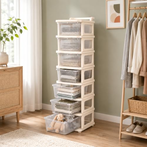 Image of Heavy Duty Plastic Storage Drawer with Wheels | Modular Cabinet for Bedroom, Office, Home or Classroom| Chest of Drawers Organiser for Cosmetics, Kitchen items, Toys (White Transparent, 7)