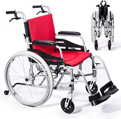 Hi-Fortune Lightweight Wheelchair 21lbs Self-propelled Magnesium Chair with Travel Bag and Cushion, Portable and Folding 17.5” W Seat, Brake, Anti-Tipper, Swing-Away Footrests, 220lbs Weight Capacity