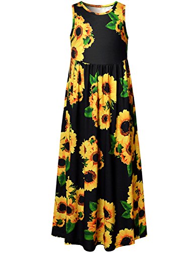 Perfashion Girls Sunflower Maxi Dress with Pocket Girls Size 12 Black Floral Easter Dresses 7-16