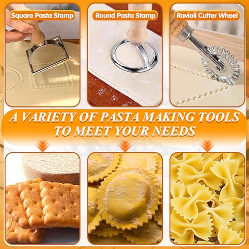 Pasta Making Tools, 9 Piece Wood Pasta Making Kit with 3 Rolling Pins, 1 Pasta Drying Rack, 1 Gnocchi Board, 1 Dough Cutter, 1 Ravioli Cutter, 2 Pasta Stamps, Ravioli Pasta Cutter Set for Pasta Maker - Thumbnail 4