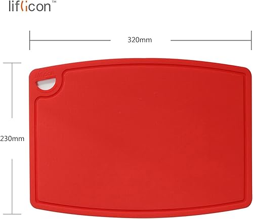 Miniatura 2 de Liflicon Tabla de cortar de silicona gruesa de 12.6 x 9.1 pulgadas, ranuras para jugos, mango de fácil agarre, apta para lavavajillas, color rojo