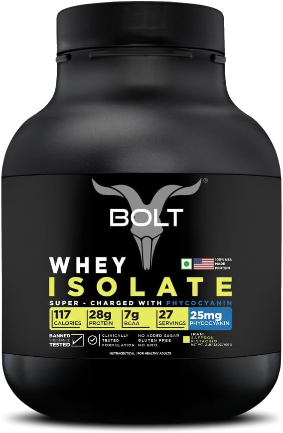 Bolt 100% Whey Isolate Powder| 28g Protein Per Scoop, 7G BCAA |Irani Saffron Pistachio | 27 Servings | 2lb,907G| Muscle Recovery | Lean Muscle Support | Low Carb | Fast Absorption |Gluten-Free | Easy to Digest