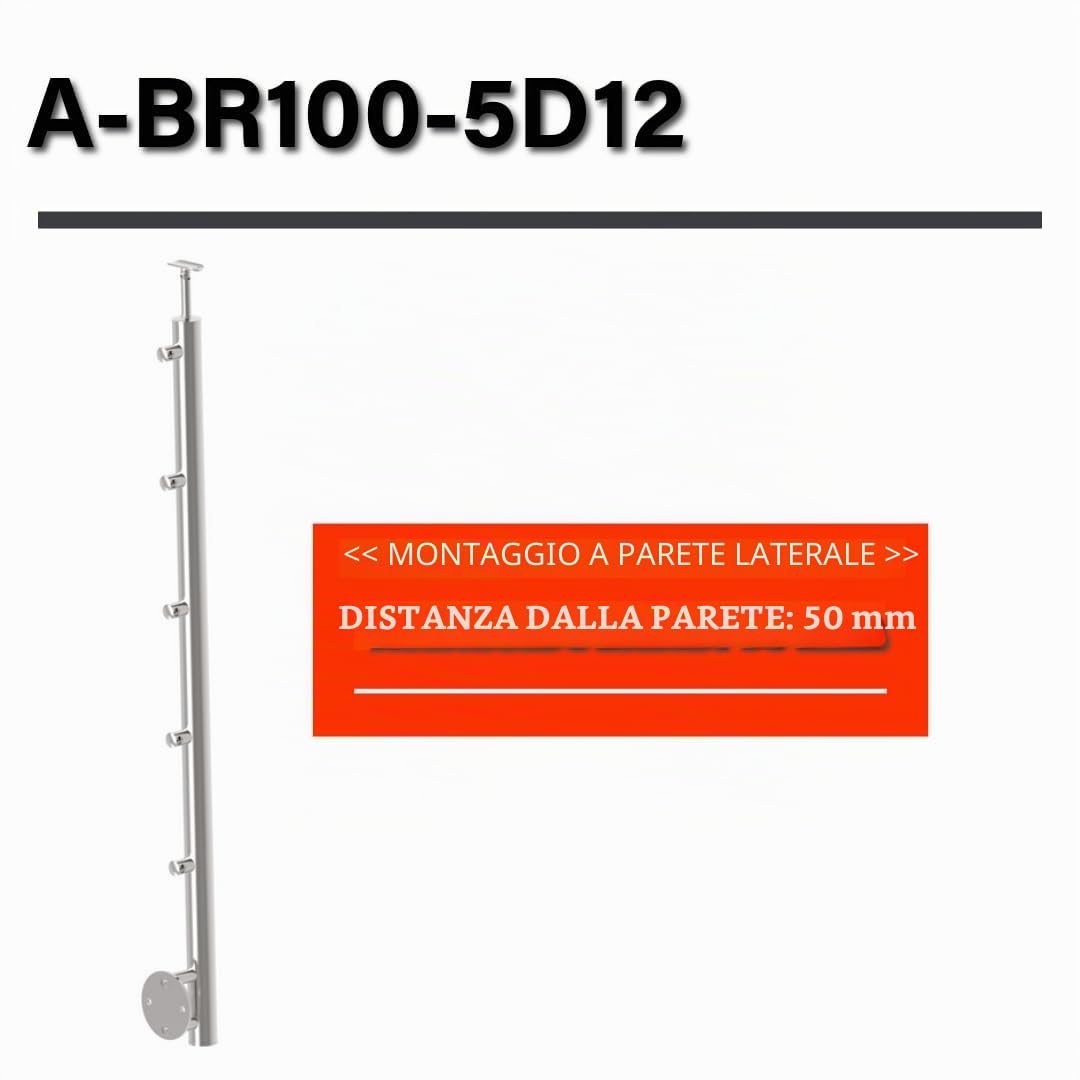Sellon24 Palo per ringhiera in acciaio inox, diametro 42,4 mm, altezza 1000 mm, con 5 supporti per barra trasversale, diametro 12,0, per ringhiera V2A lucidata K320