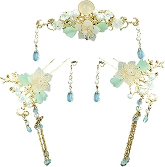 5 Pcs Flower Tassels Hairpin, Chinese Hair Pins Flower Pins for Hair, Chinese Hanfu Hairpin Rhinestone Pearl Clips Headpiece, Retro Hanfu Wedding Brides Updo Long Hair Accessories (Cat's Eye Beads)