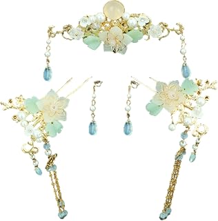 5 Pcs Flower Tassels Hairpin, Chinese Hair Pins Flower Pins for Hair, Chinese Hanfu Hairpin Rhinestone Pearl Clips Headpiece, Retro Hanfu Wedding Brides Updo Long Hair Accessories (Cat's Eye Beads)