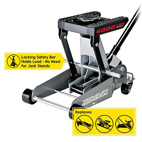 Image of Powerbuilt 2 Ton Triple Lift Floor Jack, Works on Cars, Trucks, Motorcycles, ATV's, Transmissions, 4-3 /4 to 17 in. Range, Wide and Stable, Locking Safety Bar - 620422E