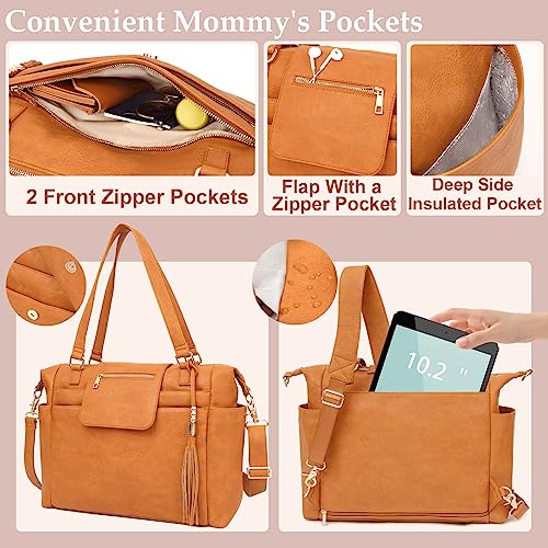 Omanmoli Diaper Bag Tote Leather Diaper Backpack Large Baby Bag 14 Diaper Bag Organizing Pouches,Changing Pad,Crossbody Strap,4 Insulated Pockets,Honey by Omanmoli - Image 5