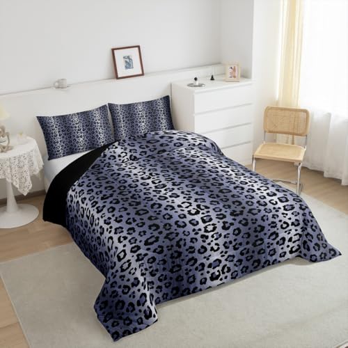Image of Feelyou Kids Blue Grey Black Bedding Set Toddler Size Leopard Stripes Comforter Leopard Print Comforter Set for Teens Toddler Cheetah Fur Print Duvet Set Microfiber Bed Set