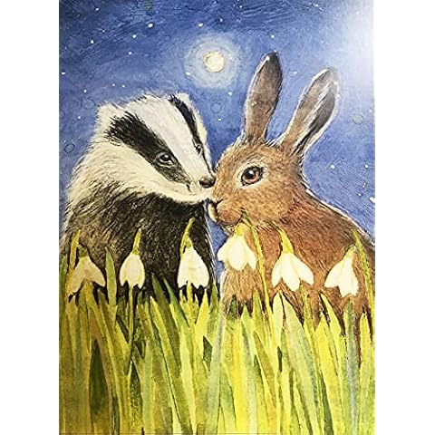 Imbolc Morning by Hannah Willow - UK made Art Greetings Card - a spring scene with Hare and Badger - Birthday Card - Easter Card Cover