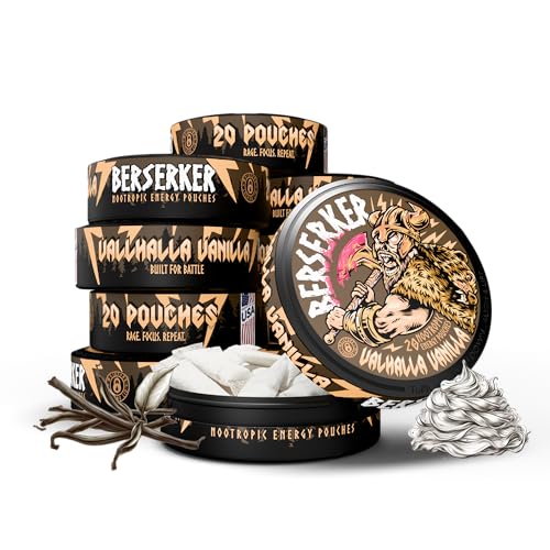 Berserker Focus Pouches - Valhalla Vanilla - Caffeine Infused - 100mg Per Pouch - Nootropic Enhanced - 10 Pack - Tobacco & Nicotine Free - Energy Drink Replacement