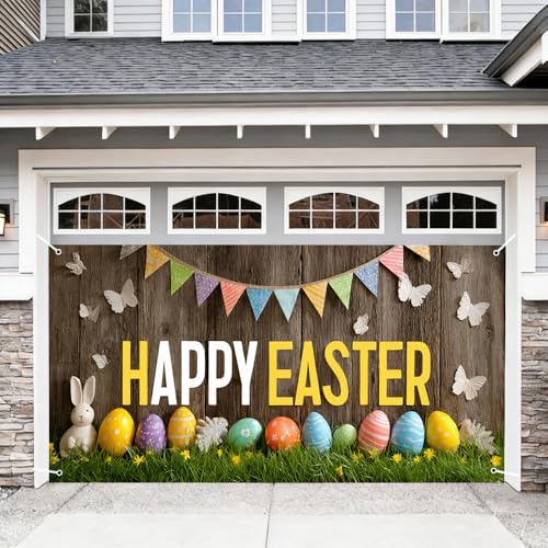 Image of Easter Garage Door Cover 157.48 x 70.87 Inch Rustic Wood Background Colorful Eggs Bunting Flags Happy Easter Text Vibrant Outdoor Decor Spring Celebration Family Party Garage Display
