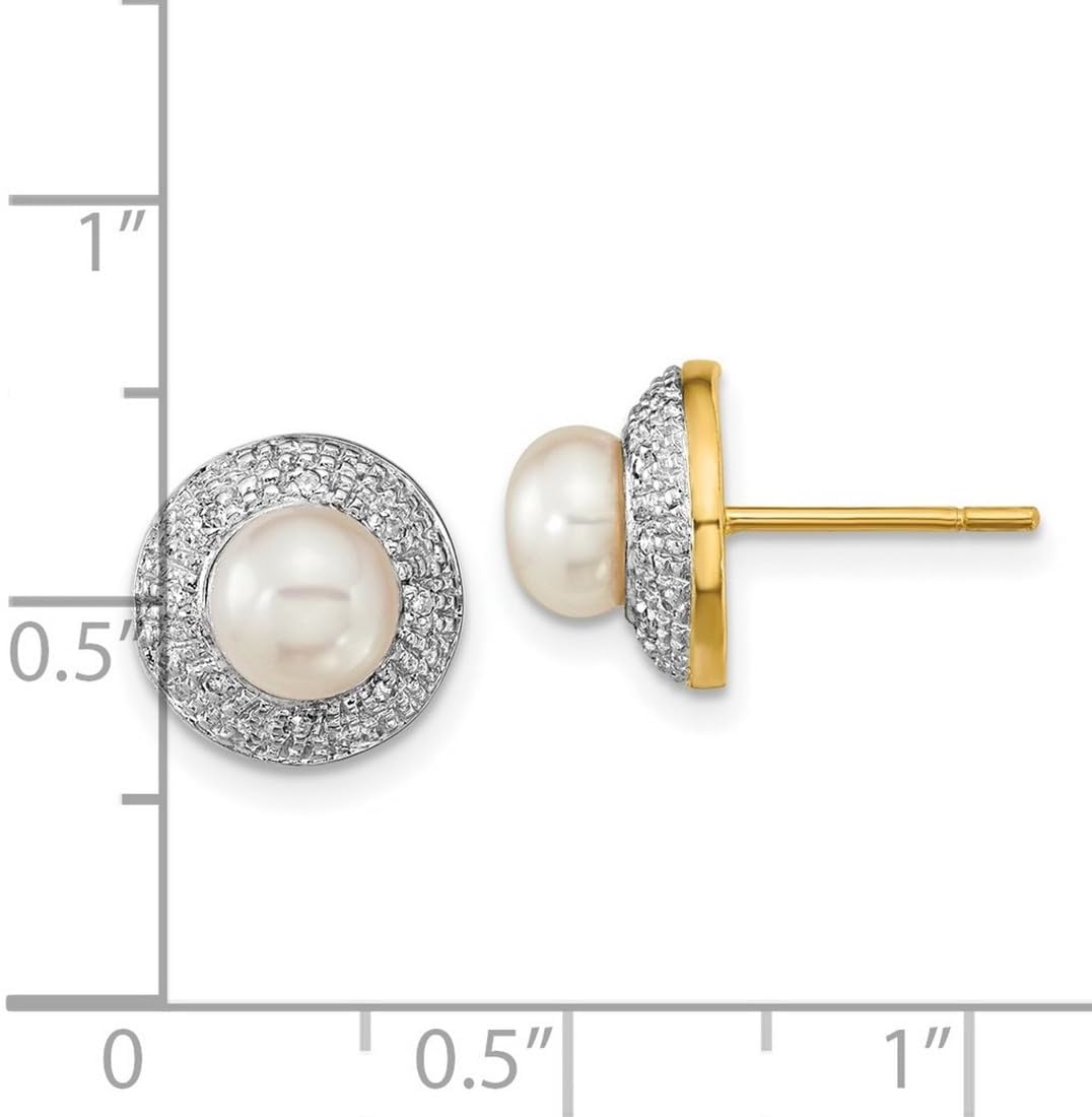 14k Yellow Gold Polished and Rhodium 6mm Freshwater Cultured Pearl And Diamond Post Earrings 10x10 Stud Earring for Women - Image 2