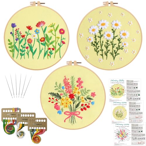 Louise Maelys 3 Sets Flowers Embroidery Kits for Beginners,Cross Stitch Kit for Adults,Starters DIY Needlepoint Including Daisy Florals Bouquet Pattern,Hoop,Instruction and Threads