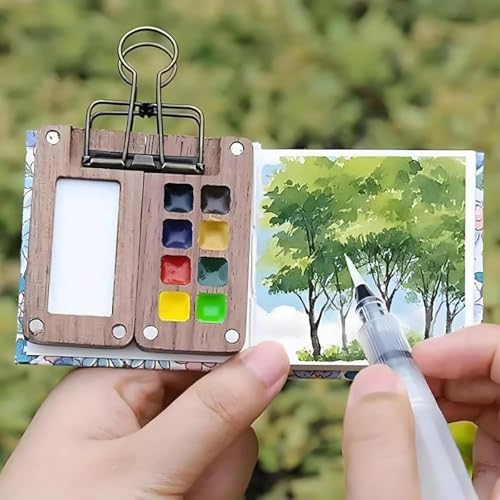 Image of DIANZHU Pocket Artist Watercolor Travel Set, Wooden Paint Palette Travel Kit, Mini Portable Watercolor Palette with Clip for Artists Painters Students (12 Colors 8 Grid Set 3 Brush Pen)