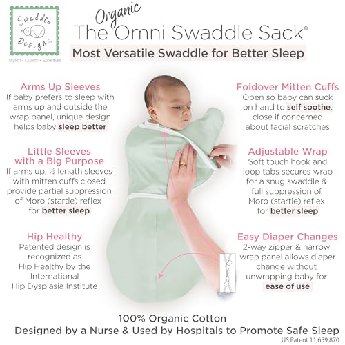 Image of SwaddleDesigns Organic 6-Way Omni Swaddle Sack w /Wrap, Jadeite, 12-18 lb