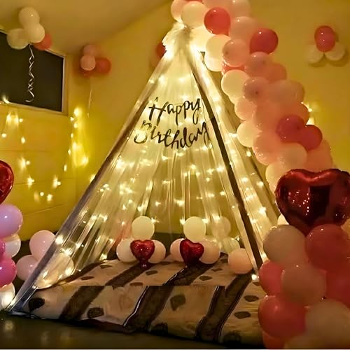 Image of 1iAM Happy Birthday Decoration Item Set Of 29 | 1 pc Cursive Banner, 2pcs White Net, 20 pcs Metallic & 4 Pcs Foil Balloons 1 pc Light, & 1 Pc Glue Dot For Hassel Free Decoration | B'day Decor Combo