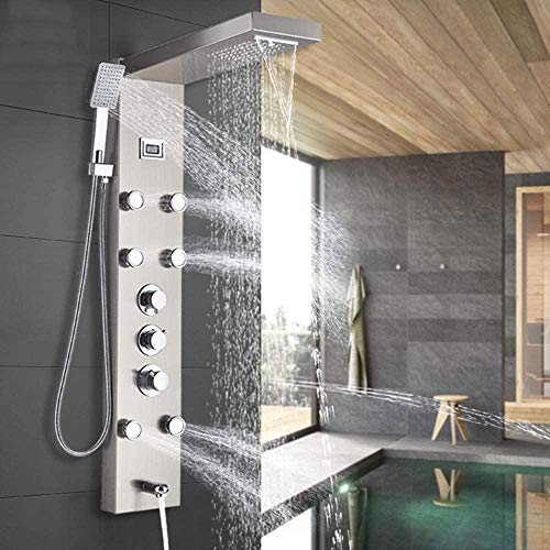 Columna de ducha termostática con panel de lluvia, duchador de mano y chorros de masaje, salida para bañera, montaje en pared, latón cepillado miniatura 1