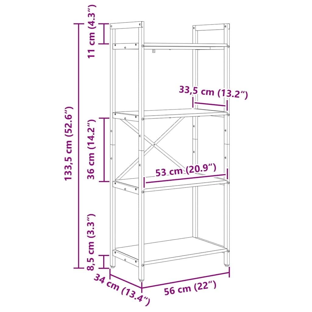Regał na książki, 4 poziomy, 56 x 34 x 133,5 cm, materiał drewnopochodny ze stalową ramą, wolnostojący regał do salonu, gabinetu, biura, zajmuje mało miejsca i wytrzymały