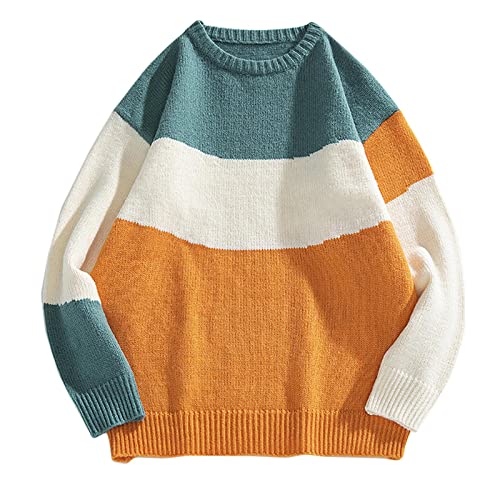 Casual Pullover Sweater for Men's Mens Color-Block Stripe Vintage Knitted Sweater Long Sleeve Round Neck Knitted