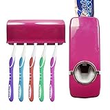 Automatic Auto Toothpaste Dispenser +5 Toothbrush Holder Set Wall Mount Wine red