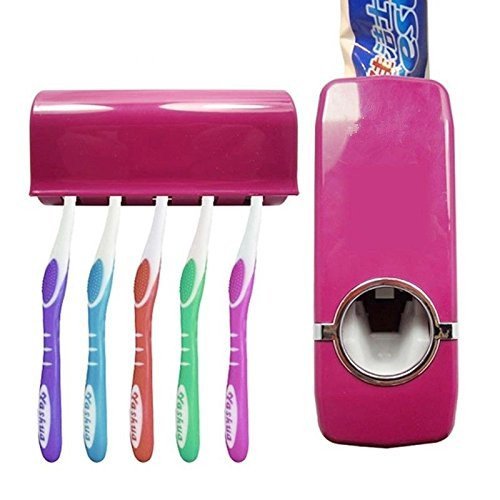 Automatic Auto Toothpaste Dispenser +5 Toothbrush Holder Set Wall Mount Wine red