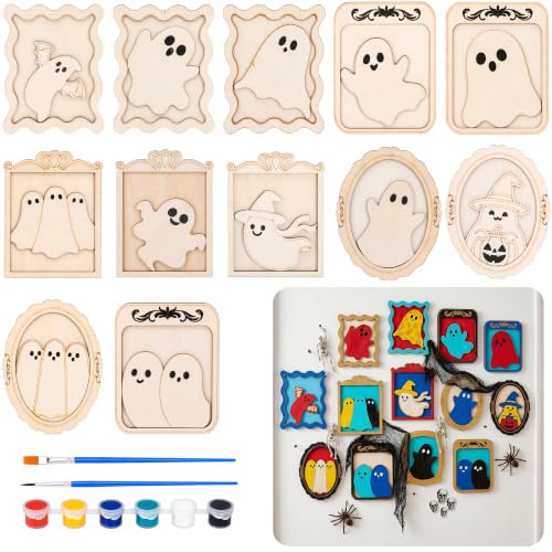 codree 12 Pack Halloween DIY Wooden Ghost Frame Craft Unfinished Ghost Frames Wall Decoration with Paint Colors and Brush Ghost Wood Painting Crafts for Spooky Home Decor Halloween Party Favors