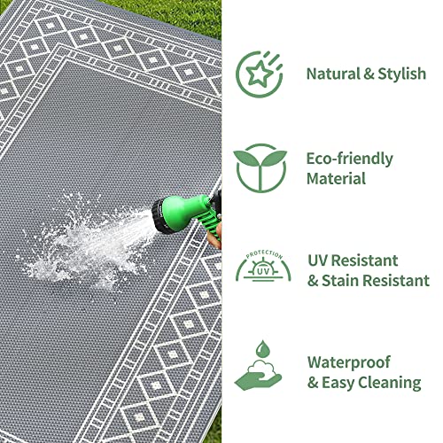 Image of GENIMO Outdoor Rug 5' x 8' Waterproof for Patios Clearance, Reversible Outdoor Plastic Straw Area Rug Outside Carpet, Large Camping Rug Mats for RV, Backyard, Deck, Balcony, Porch, Picnic, Grey&White