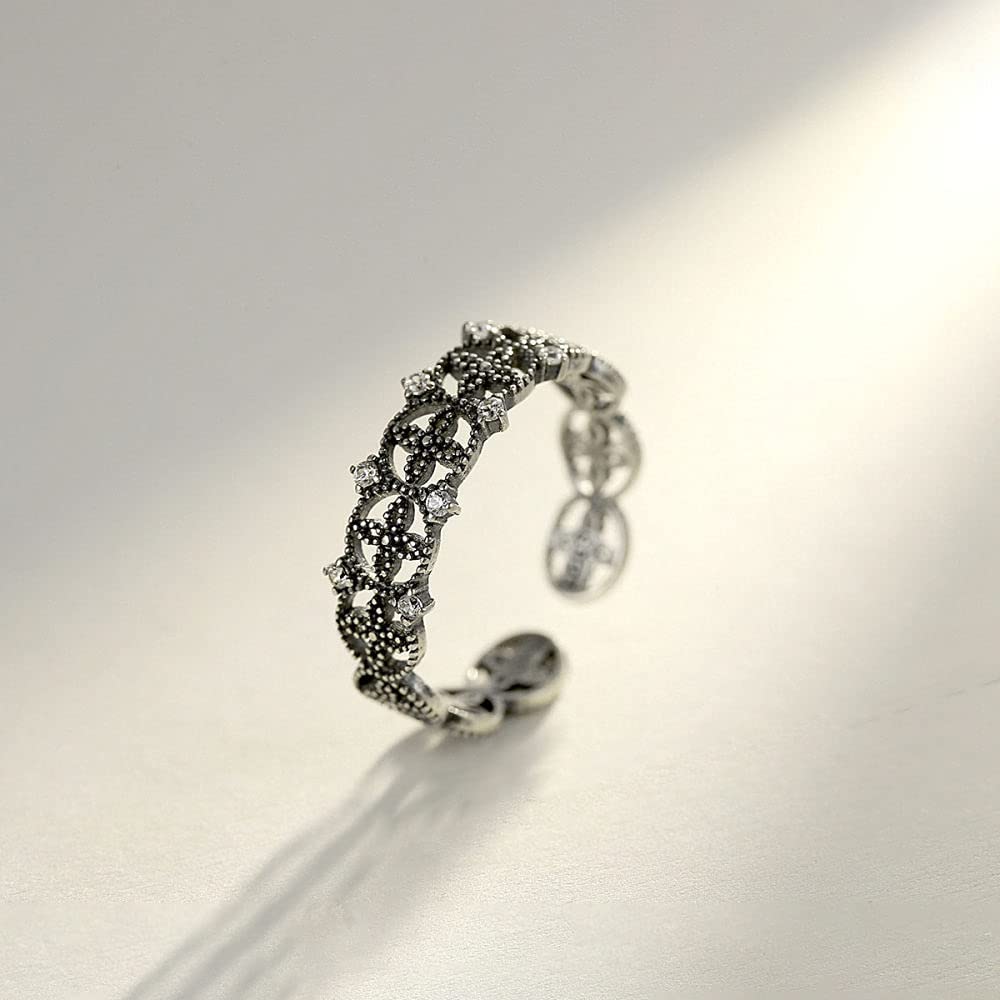 Anello da dito aperto regolabile S925 da donna - Vecchio anello congiunto realizzato in stile vintage, anello a coda larga Fantai vuoto impilabile, regali di compleanno economici per le donne