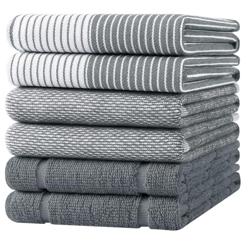 Homaxy 6 Pack Cotton Terry Premium Kitchen Towels, 18 x 28 in, Grey