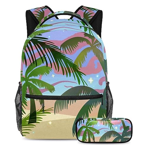 Sac à dos avec trousse motif cocotier multicolore pour étudiants et ados