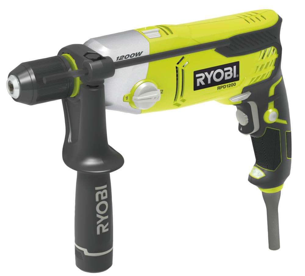 RYOBI - Perceuse à Percussion 1200W RPD1200-K – Mandrin 13mm, Poignée Latérale, 2 Vitesses, Idéale Travaux Lourds Béton, Pierre, Métal