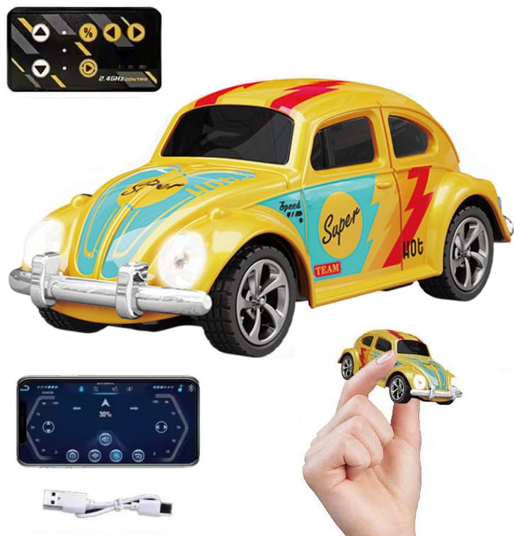 Image of Bestie toys Remote Control Small Car, 1:64 Scale Off-Road RC Car, USB Rechargeable 2.4GHZ Three Speed Indoor Alloy Vehicle for Kids (Bettle Car with App Control)