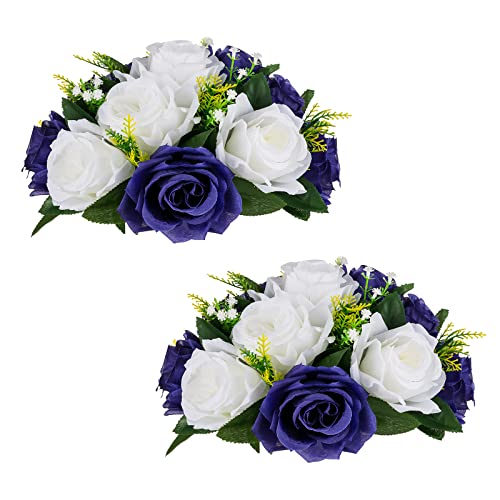 BLOSMON Flower Centerpieces for Tables Wedding 2 Pcs Navy Blue & White Fake Flowers Rose Arrangement Bouquet Floral Centerpiece Balls Artificial Wedding Center Pieces of Valentines Day Home Decor