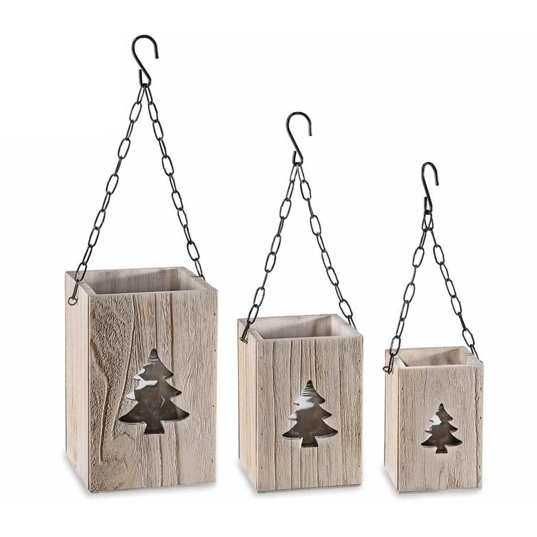 Gruppo Maruccia - Faroles navideños de madera con tarro de cristal - Con tallado árbol y cadena de metal - Juego de 3 unidades surtidas
