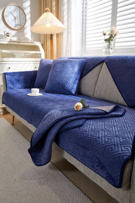 Image of HOMETHREADS Innovative Premium Velvet Sofa Cover Mat with PVC Backing for Non-Slip Comfort | (Navy Vrsh, 1 Seater | 70x70cm)
