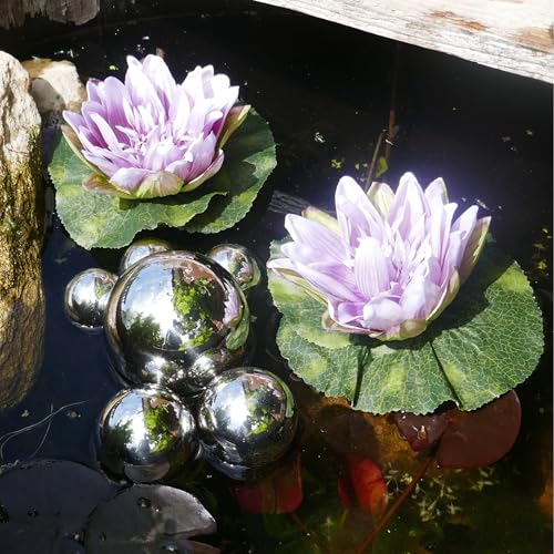 Storm’s Gartenzaubereien Miniteich Komplettset mit 2 künstlichen Seerosen lila Schwimmkugeln - Teichkugeln in Silber