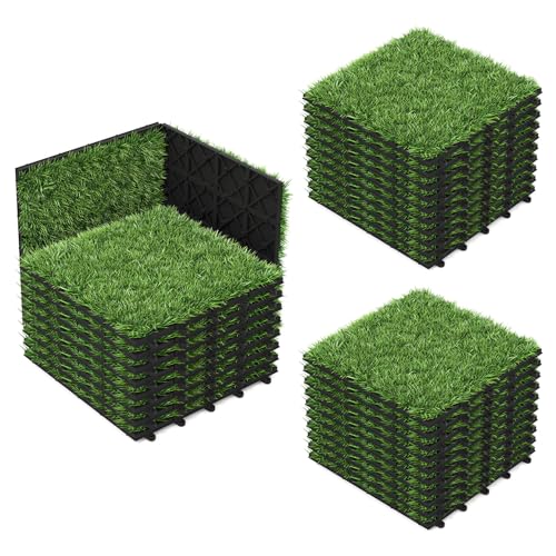 Goplus 12” x 12” Artificial Grass Tiles, Pack of 30 Fake Grass Turf Tiles Set, Interlocking Mechanism, 30 sq.ft Total Coverage, Indoor & Outdoor Flooring Tiles for Porch, Balcony, Backyard