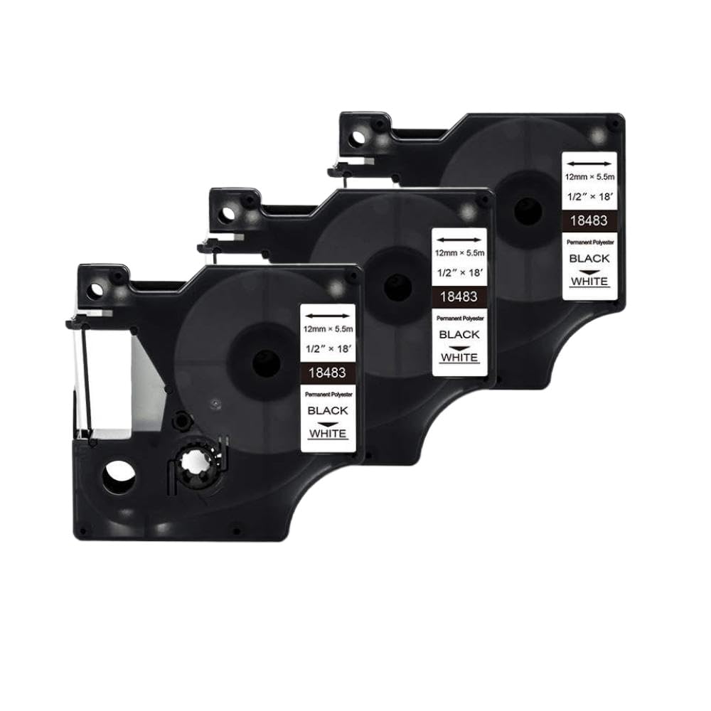 Cinta de Etiquetas 3 uds 18483 poliéster 12mm Negro sobre Blanco Compatible con rotuladora 4200 5200 5000 6000
