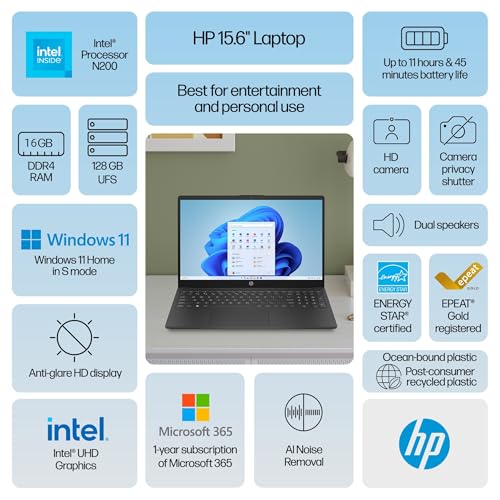 Image of HP 15.6 Protable HD Laptop Student Computer, Intel Quad-Core Pentium N200, 16GB RAM, 256GB Storage(128GB SSD+128GB SD Card), 1 Year Microsoft 365, Fast Charge, Win 11, WiFi, Webcam, MASDROW Accessory