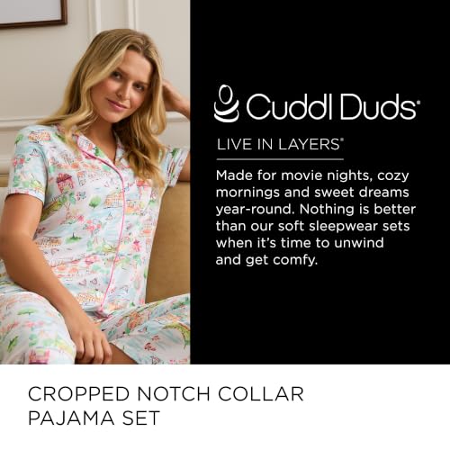 Image of Cuddl Duds 2 Piece Short Sleeve Capri Matching Pajamas for Women PJs Set | Cropped Capris Pants & Button Up Top, Sleepwear & Loungewear, Cute Sleep & PJ Set, Soft Lightweight & Breathable Pajamas
