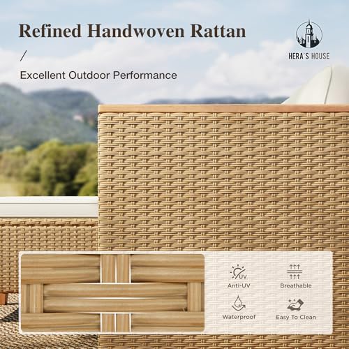 HERA'S HOUSE Small Patio Furniture Set, 3 Pieces Wicker Outdoor Sectional Sets,Yellow Rattan Conversation Set with Sofa and Coffee Table for Garden and Backyard, l Shape Boho Balcony Couch Sets - Image 6
